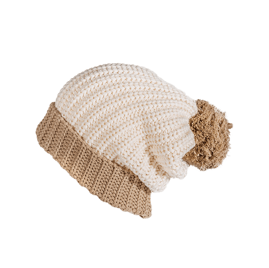 Cream/Mocha Custom Chunk Knit Ribbed Pom Beanie