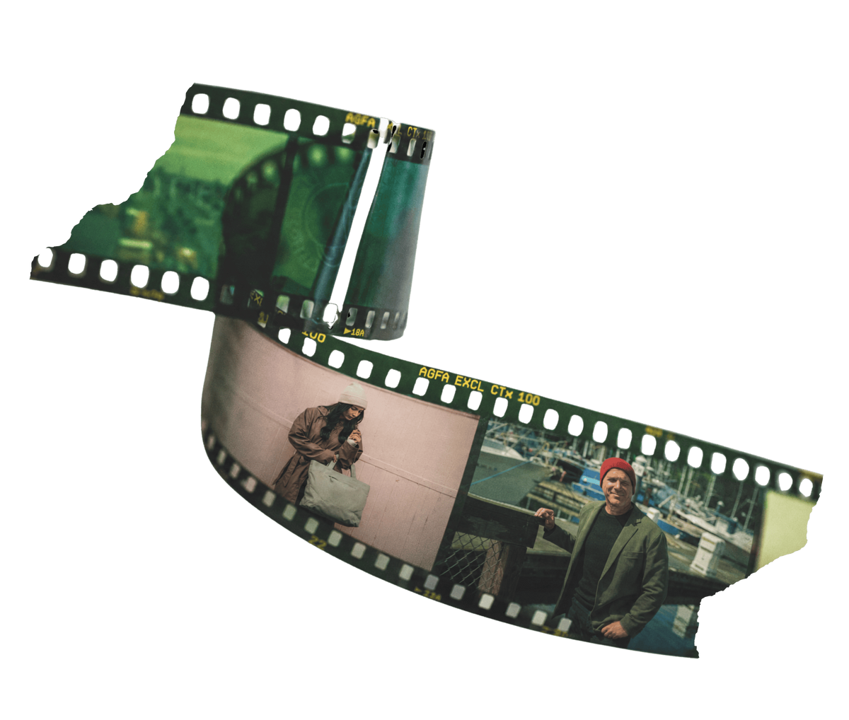 film reel graphic featuring images from the lookbook