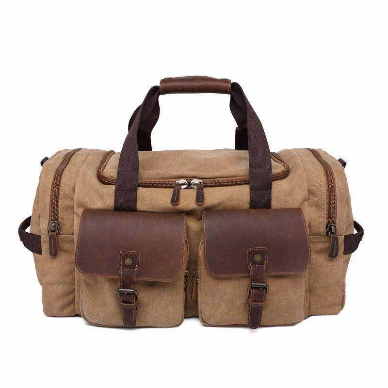 Khaki Custom Oversized Canvas & Leather Weekend Duffel Bag