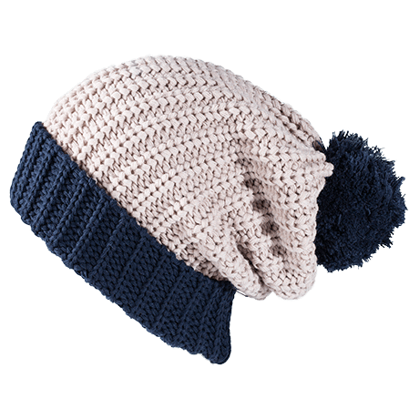 Stone/Navy Custom Chunk Knit Ribbed Pom Beanie